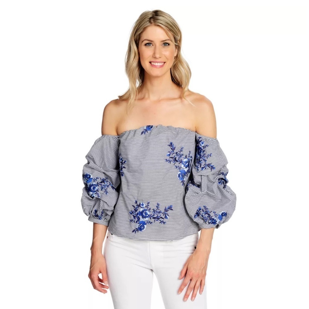 Marc Bouwer Embroidered Woven Lantern Sleeve Off-the-Shoulder Knit Lined Top XL